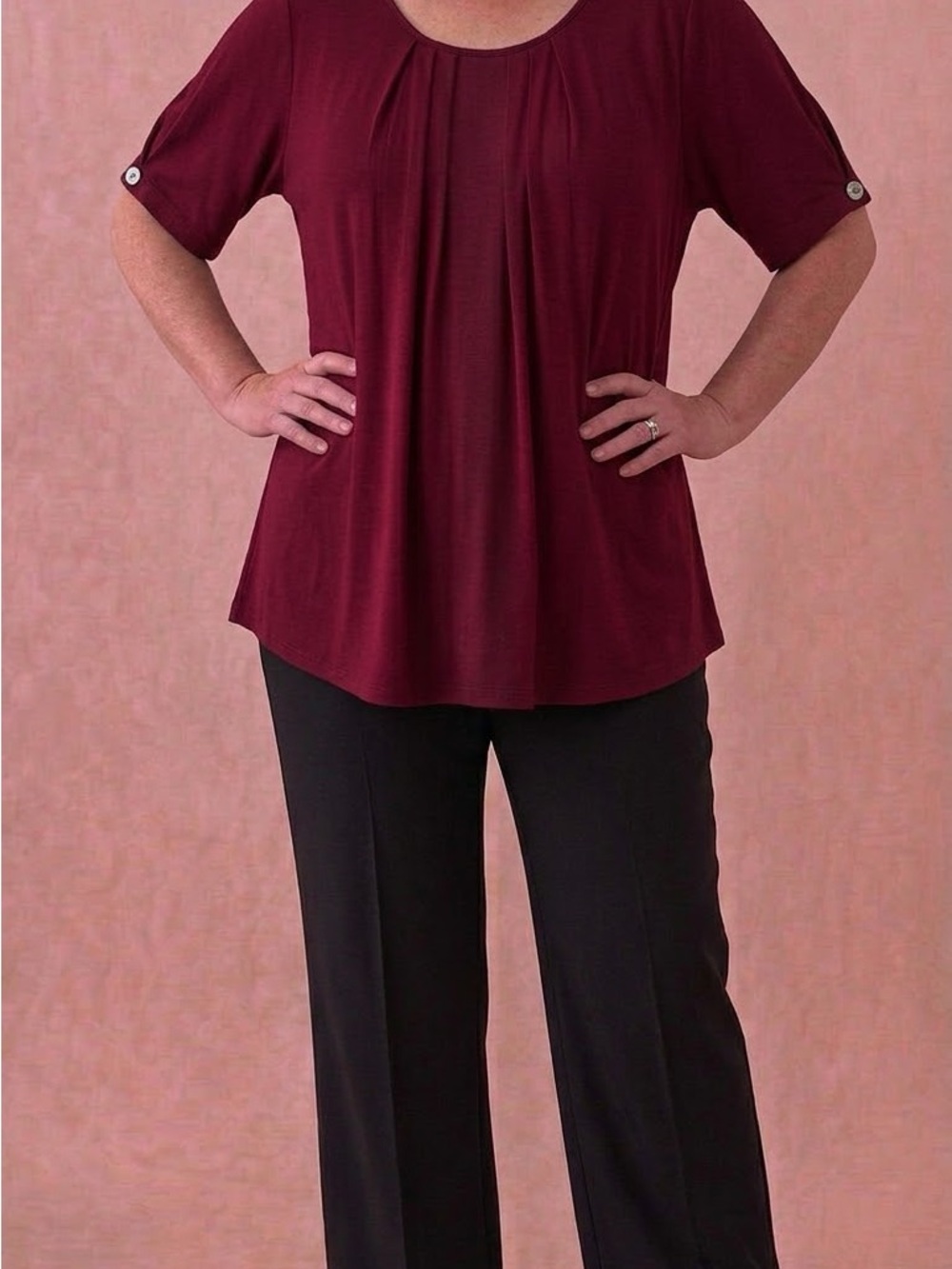 Wine Pleated Scoop Neck Short Sleeve Blouse